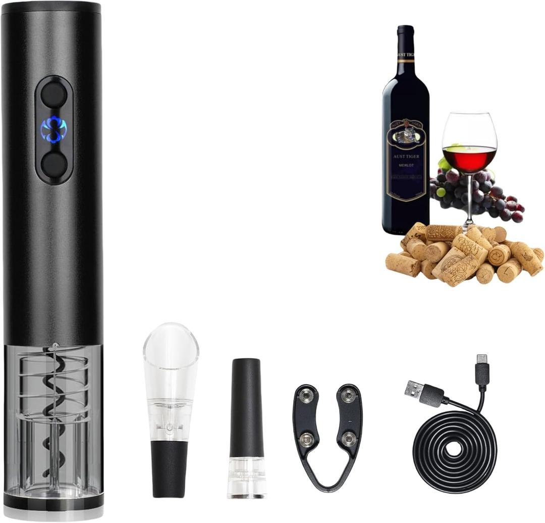 Electric Wine Bottle Opener Set  Rechargeable Corkscrew with Foil Cutter, Wine Pourer & Vacuum Stopper  One-Touch Automatic Wine Opener Wine Accessories  Perfect Wine Gifts for Wine Lovers (Dark Black)