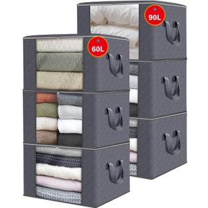6 Pack 60L/90L Extra Large Moving Bags Comforter and Blanket Storage Bins With Lids Foldable Storage Bags For Clothing, Blanket, Comforters, Bed Sheets, Pillows