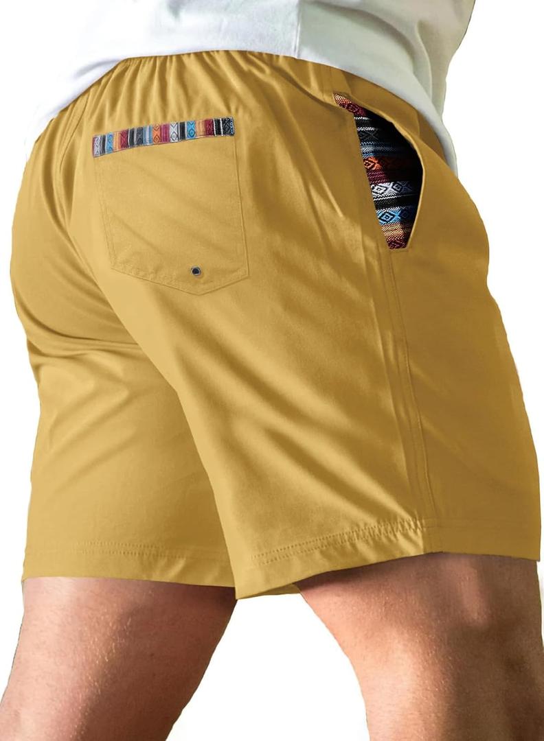 Comdecevis Men's Athletic Shorts 6" Quick-Dry 4-Way Stretch Color Block Elastic Waist Summer Beach Swimming Shorts (Yellow), XL