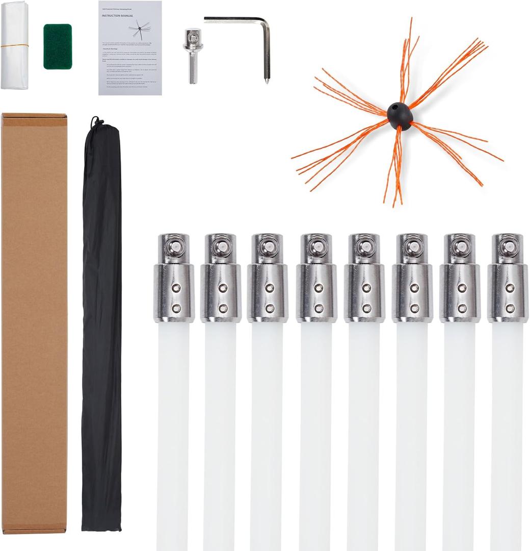 27 Feet Chimney Sweep Kit, Chimney Brush, Chimney Cleaner, Chimney Cleaning Kit with 8 Nylon Flexible Rods, Single Brush Head, Chimney Brush Kit Driven by Drill for Sweeping Fireplace (8 Rods with Single Brush Head)