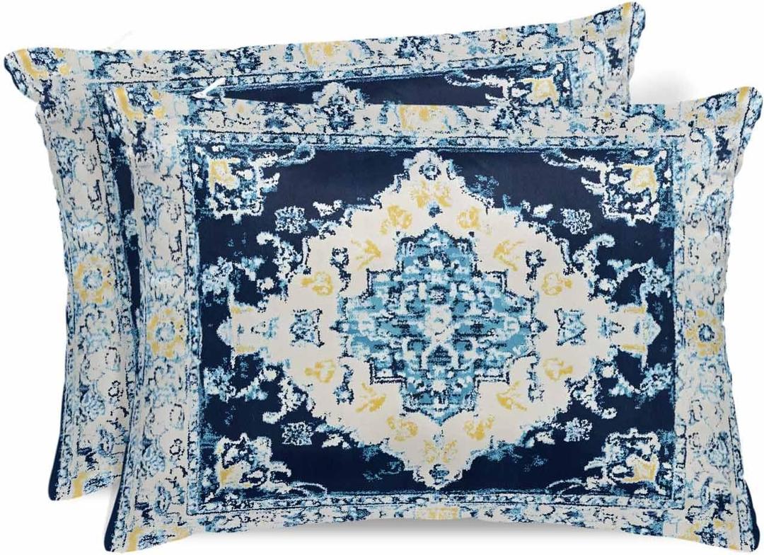 Abstract Standard Pillowcase Set of 2, Vintage Art Bohemian Blue Satin Pillow Case Cover with Smooth Hidden Zipper Closure, Soft Throw Covers for Couch Sofa Home Decoration 20 X 26 Inches
