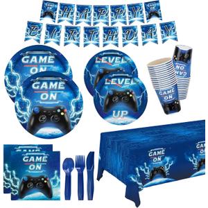 Video Game Party Supplies Kit Serve 25,Includes Dinner Plates,Dessert Plates,Napkins,Cups,Cutlery,Tablecloth,Banner for Gamer Birthday Party Decorations for Boys Adults.