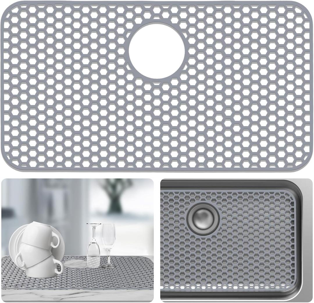 Sink Protectors for Kitchen Sink - 26"x 14" with Rear Drain Hole Heat Resistant Easy Clean Non-slip Silicone Kitchens Sinks Mat for Bottom of Kitchen Sinks Stainless Steel(Grey)-66x35CM