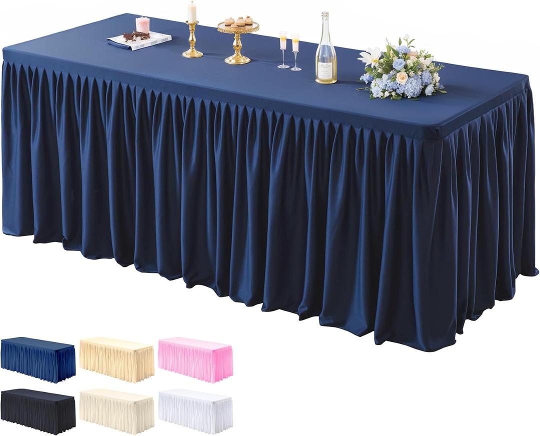PARTISKY 1 Pack Navy Blue Tablecloths for Rectangle Tables 8ft, Wrinkle Resistant Navy Blue Table Cover Fitted Stretch Table Cloth with Pleated Ruffle Skirts for Party Banquet Dining Birthday Wedding