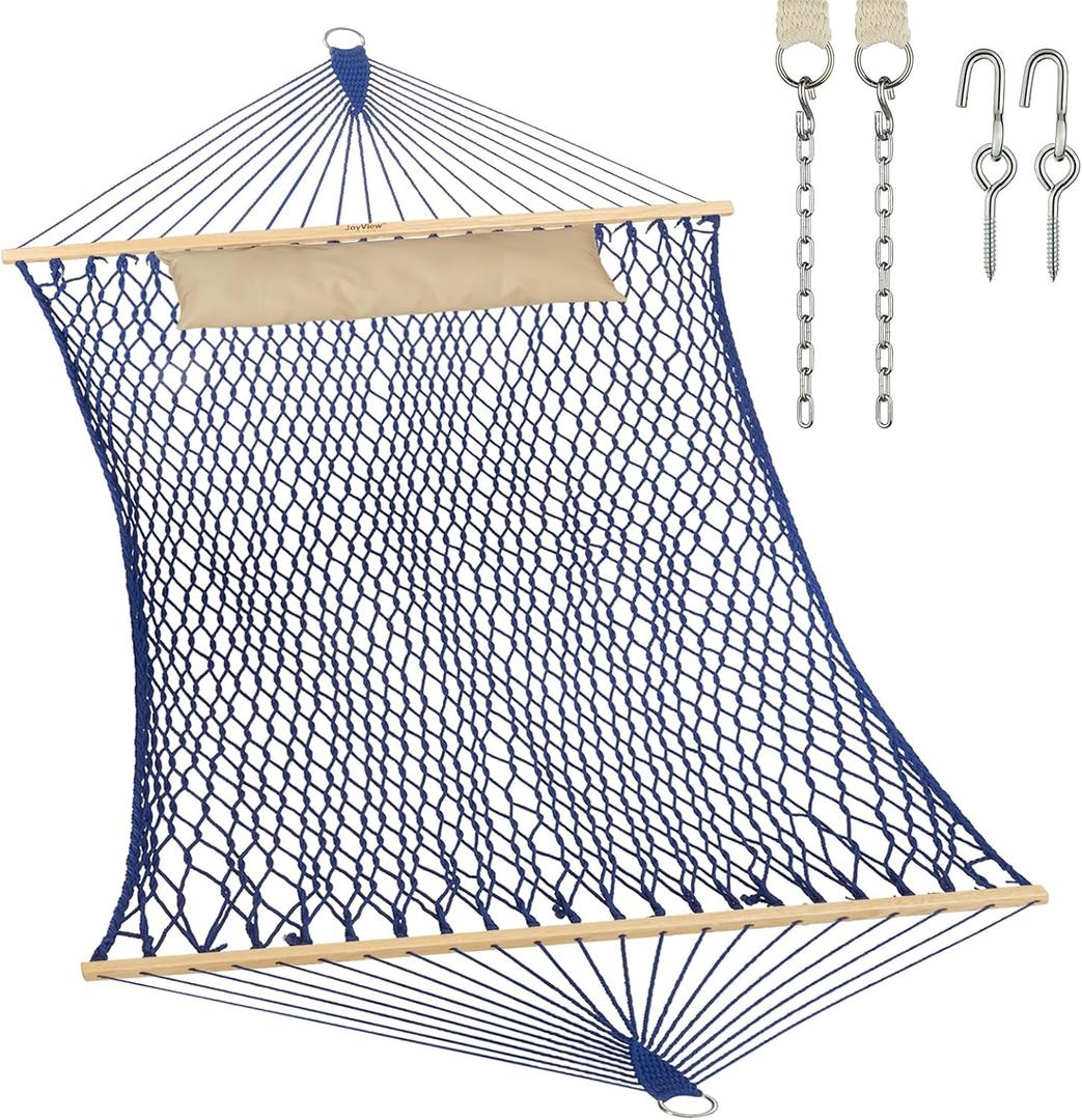JoyView Traditional Rope Double Hammock - Hand Woven Cotton Hammock with Hardwood Spreader Bar and Pillow 450lb Capacity for Outdoor Indoor Patio Yard - Blue (10.5FT with Pillow)
