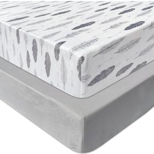 AMROSE 2 Pack Microfleece Crib Sheets, 28'' X 52'' Flannel Fleece Crib Fitted Sheets for Crib and Toddler Mattress Pad, Soft Comfy Warm Crib Sheets for Boys Girls, Feather