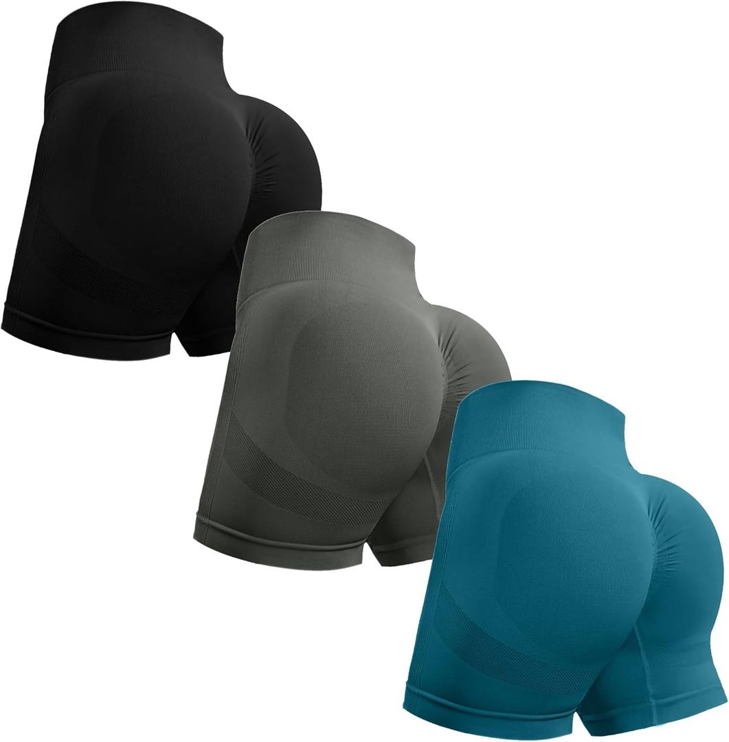 OVESPORT 3 Piece Workout Shorts for Women Seamless Scrunch Butt Lifting High Waisted Yoga Gym Booty Running Short Pants (X-Large, Black/Dark Gray/Cyan)