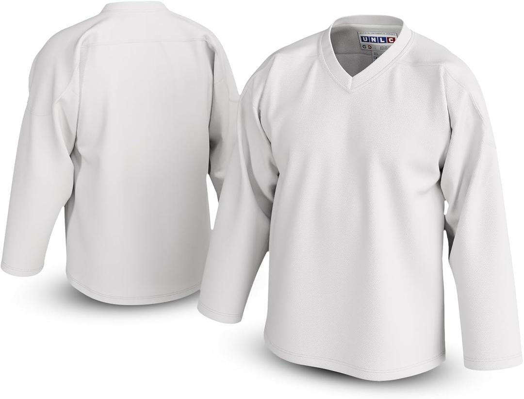 Essential Blank Hockey Jersey with Stripes Stitched Letters, Breathable Mesh, Durable Polyester, Adult (3X-Large, White)
