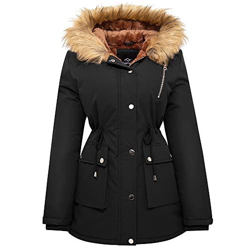 FARVALUE Womens Water-repellent Winter Coat Thicken Puffer Jacket Warm FLeece Lined Parka with Fur Hood Black XX-Large