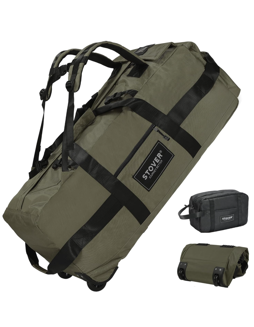 STOVER 100L Rolling Duffel Bag with Wheels, X-Large 35 Inch Durable Travel Duffle + Toiletry Bag, Heavy Duty, Packable w/Shoulder Straps- Use as Luggage or Backpack, Men/Women (Green)
