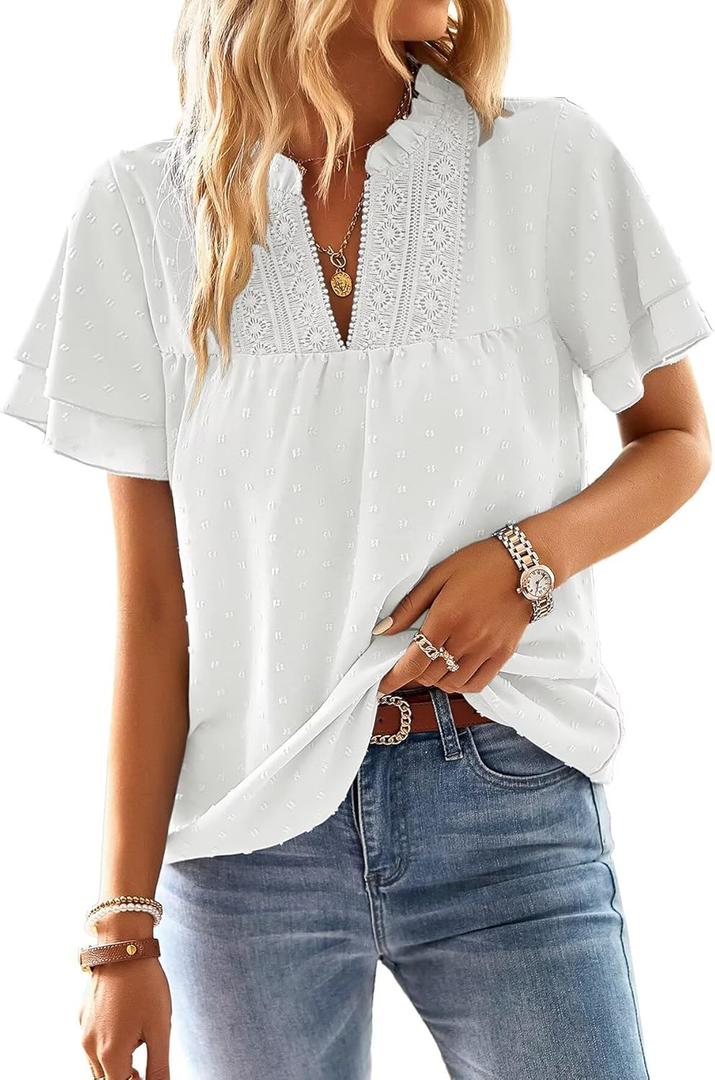 Falechay Women's Tops Butterfly Sleeve V Neck Blouses for Women Dressy Casual Flowy Swiss Dot Ruffle Short Sleeve Shirts (Small, White)