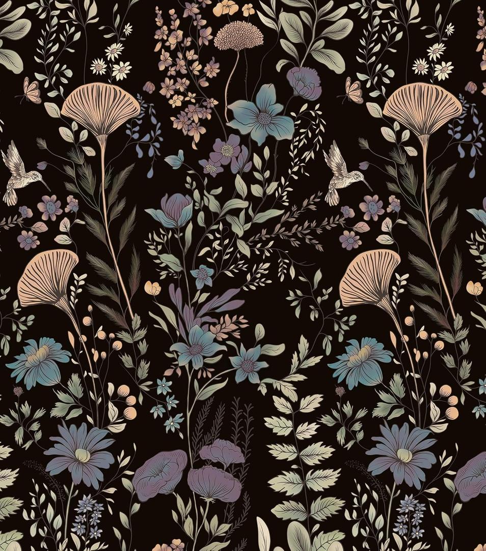 CiCiwind 197"17.3" Floral Peel and Stick Wallpaper Black Removable Self Adhesive Contact Paper Vintage Floral Birds Wall Paper for Bedroom Bathroom Walls