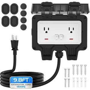 Outdoor Outlet Box with 9.8Ft Extension Cord, NEMA 5-15R, STW 14 AWG,IP66 Waterproof Power Outlet Extender with On/Off Switch & LED Indicator for Garden Yards& Outdoor Activity