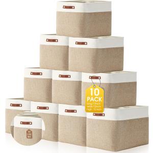 Uiifan 10 Pcs Collapsible Storage Bins Fabric Foldable Storage Basket with Handles Cloth Organizer Linen Shelf Baskets for Shelves Home Closet Nursery Toys(17 x 15 x 12 Inch,Beige and White)