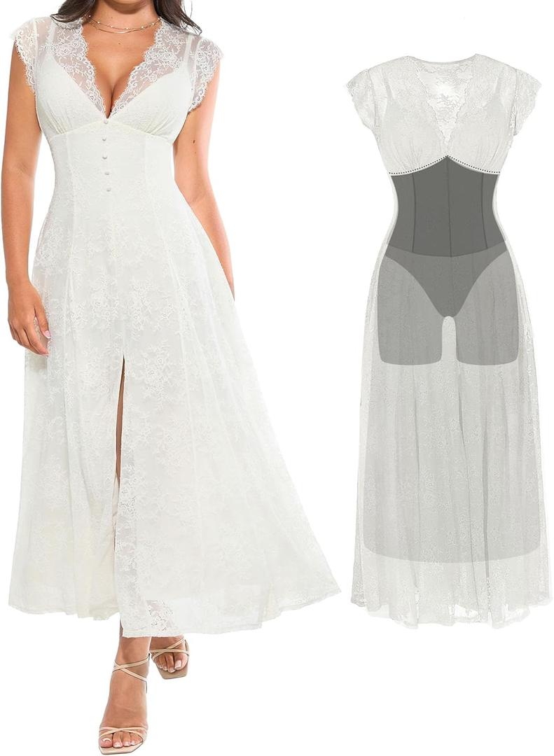 Popilush Women's Lace Formal Cocktail Sleeveless V Neck Maxi Shapewear Dress Wedding Guest Mother of Bride Split Dresses (L)