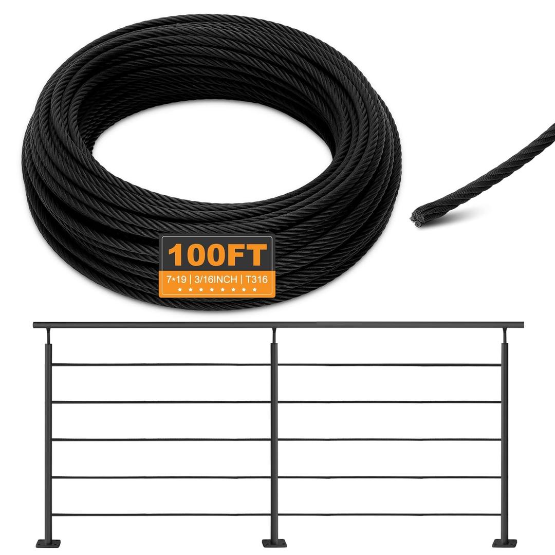 T316 Black 3/16IN Stainless Steel Cable, 100ft Wire Rope, 7X19 Strands Aircraft Cable, 3700lbs Breaking Strength, Zip Line for Heavy Duty Applications, Deck Railing, String Lights & Yard Zipline