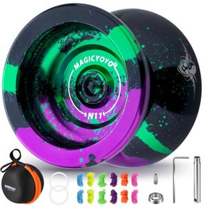 MAGICYOYO N11 Professional Yoyo  Unresponsive Design for Adult Tricks, Suitable Yoyo for Kids 8-12 or Above, Dual-Purpose Responsive Bearing, 12 Extra Strings, Case, Bearing Kit - Black Green Purple