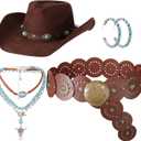 Chicingyou 4 Pcs Western Cowgirl Outfit Accessories Cowgirl Costume with Turquoise Jewelry Sets for Cowboy Party Decoration
