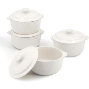4-Pack Ceramic Mini Cocotte Set, 10 Oz Stoneware Casserole Dishes with Handles & Lids, Oven-Safe Ramekins for Soufflé, Soup, Cobbler & Baking, Individual Serving Bakeware, Off White