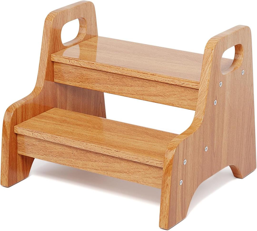 Step Stool for KidsWooden Toddler StepStool with Handles, 2-Steping Stool for Kitchen & Bathroom Sink, Perfect for Potty Training and Bed Beside,300 lbs Capacity Stairs(Cherry Brown), 
Product Dimensions	17.5"D x 13.8"W x 17.5"H