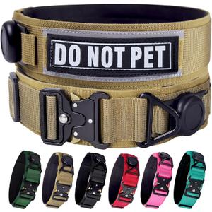 AirTag Dog Collar, 2" Wide Tactical Military Army Dog Collar with AirTag Holder & 3 Pet Patches, Soft Padded Reflective Waterproof Nylon Collar with Metal Buckle for Large Dogs (Khaki, L) (L: 17.7-24.4)