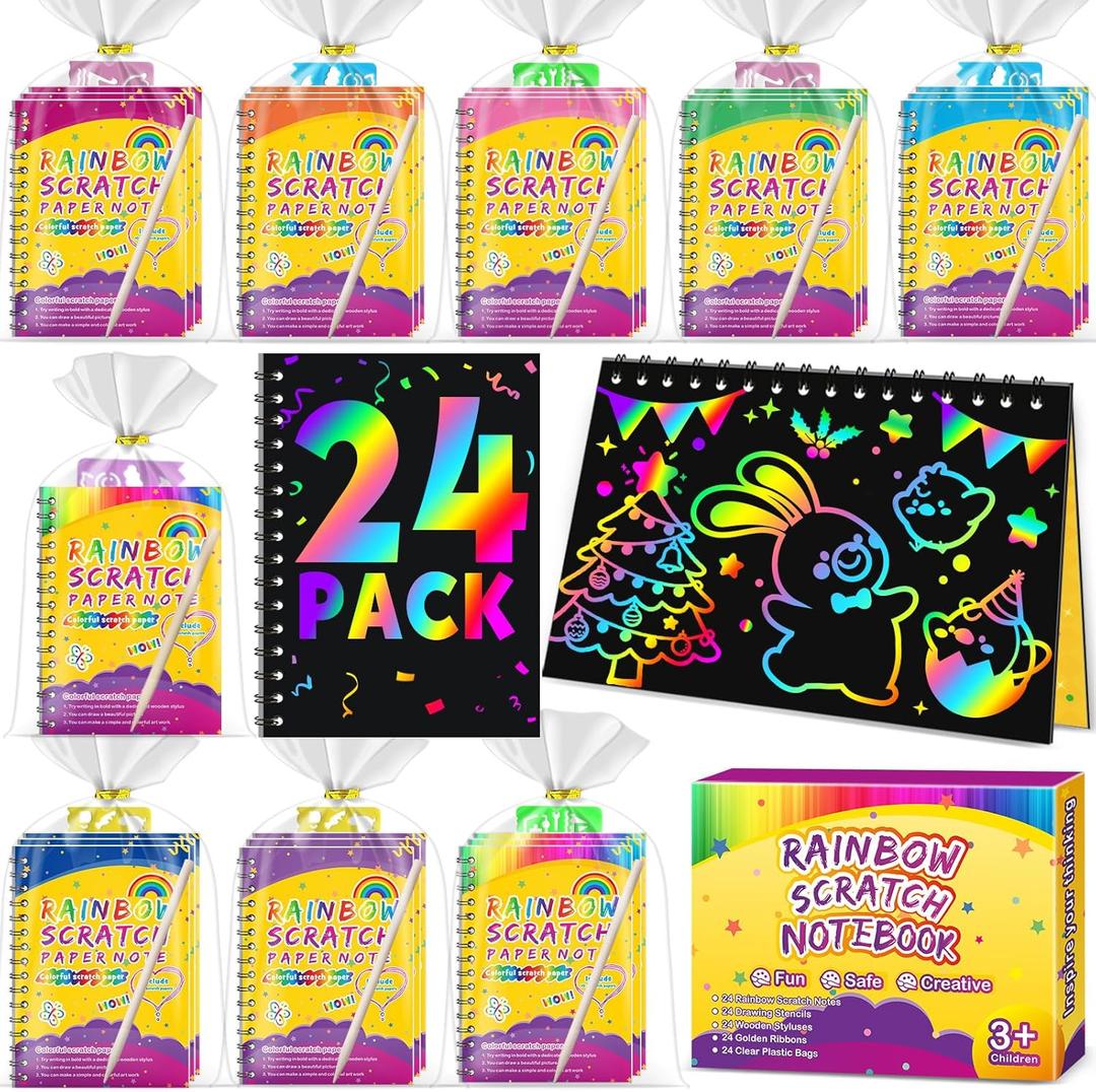 Party Favors for Kids 4-8-12: 24 Pack Scratch Rainbow Art Crafts Notebook, Coloring Book Goodie Bags Stuffers Kit, Bulk Birthday Gift Classroom Prizes Girl Boy Toddler