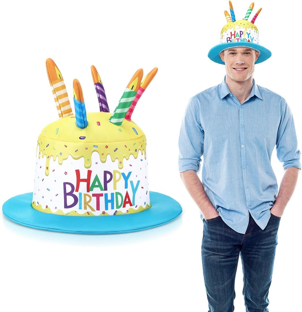 Cuffbow Happy Birthday Cake Hat for Adults Yellow and Blue Funny Birthday Cake Hat with Candles Unisex Party Novelty Hats for Festival Party Gifts Costume Accessory Photo Booth Headwear