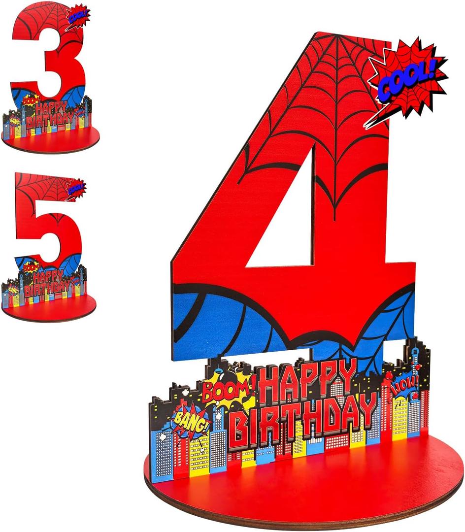 Spider 4th Birthday Number Sign Centerpiece, Spider Theme 4th Number Stand Sign, Wooden Table Decoration Photo Props for Spider 4th Birthday Decorations