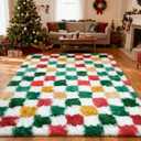 Christmas Area Rug 6x9 for Bedroom Living Room,Checkered Shag Rug Fuzzy Shaggy Bedside Carpet,Indoor Plush Floor Rugs for Kids Boys Girls Room Holiday Home Decor (Red and Yellow)
