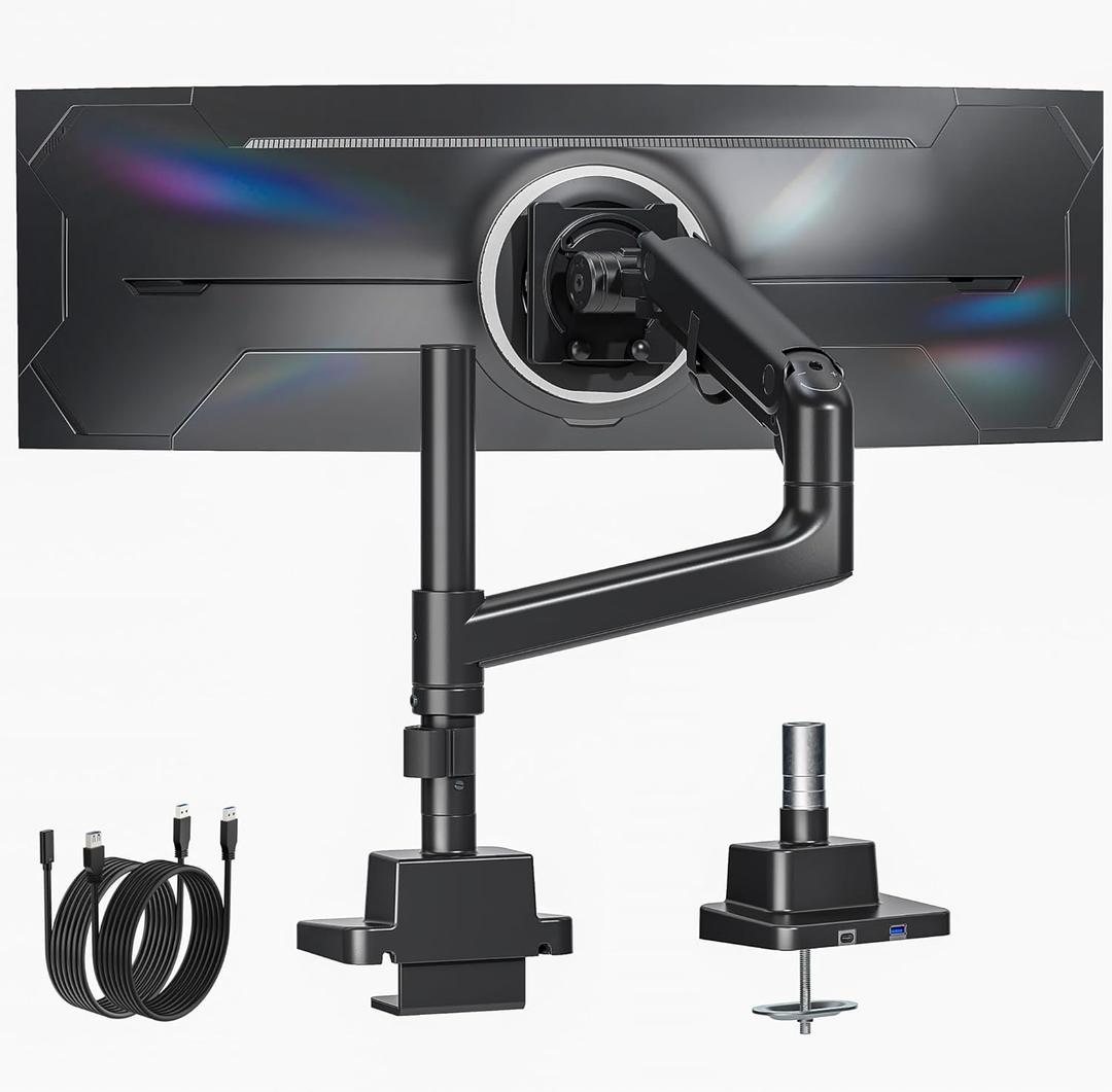 monTEK Heavy-Duty Single Monitor Arm for 17-57 inch, up to 59.4lbs Ultrawide Screens,Gas Spring Dual Curved Adjustable Monitor Stand for Desk,75/100mm VESA Mount with USBBlack