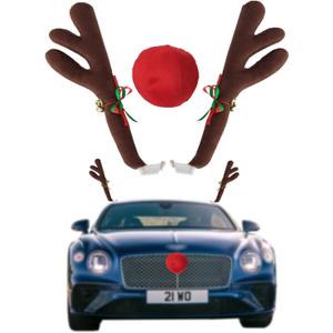 Car Reindeer Antlers & Nose - Window Roof-Top & Grille Rudolph Reindeer Jingle Bell Christmas Costume - Auto Accessories Decoration Kit Best for Car SUV Van Truck, Xmas Gift Set (Brown)