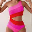 TASHEHE Women's One Shoulder One Piece Swimsuit Sexy Neon Color Block Bathing Suit Modest Full Coverage Cutout Swimwear (Pink, S)