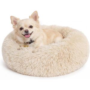 Calming Donut Dogs Beds for Small Dogs Washable,19inch Fluffy Round Puppy Bed for Puppies,Cats & Toy Breeds with Raised Rim,Fits up to 15 lbs Pets,Beige