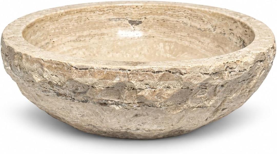 Round Bowl Travertine Vessel Sink, Natural Stone Wash Basin, Hand-Carved Bathroom Sink, Chiseled Exterior, Polished Interior, Above Counter Vanity (Soap Tray Included)