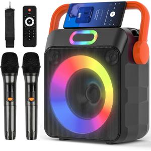 Karaoke Machine with 2 Wireless Microphones, Karaoke Machine for Adults & Kids, Portable Bluetooth Karaoke Speaker with Bass/Treble Adjustment, PA System, LED Lights, Supports TWS/USB/TF/REC/FM/AUX (Orange Handle)