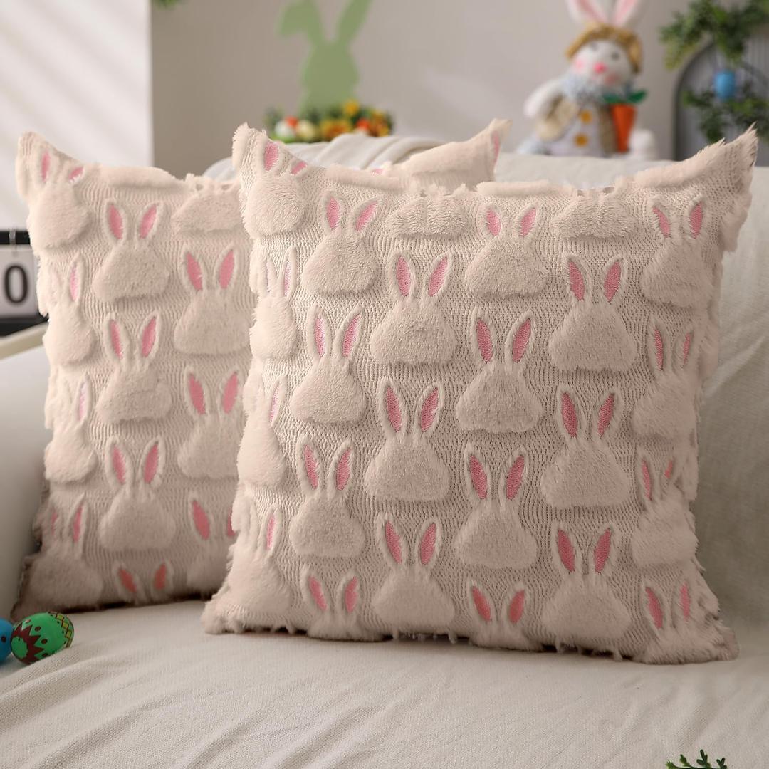 DFXSZ Easter Pillow Covers 20x20 inch Set of 2 Easter Decorations Pink Ears Beige Rabbit Soft Plush Faux Fur Jacquard Throw Pillows for Bedroom Sofa Holiday Festivals Home Decor FHJ-17C20
