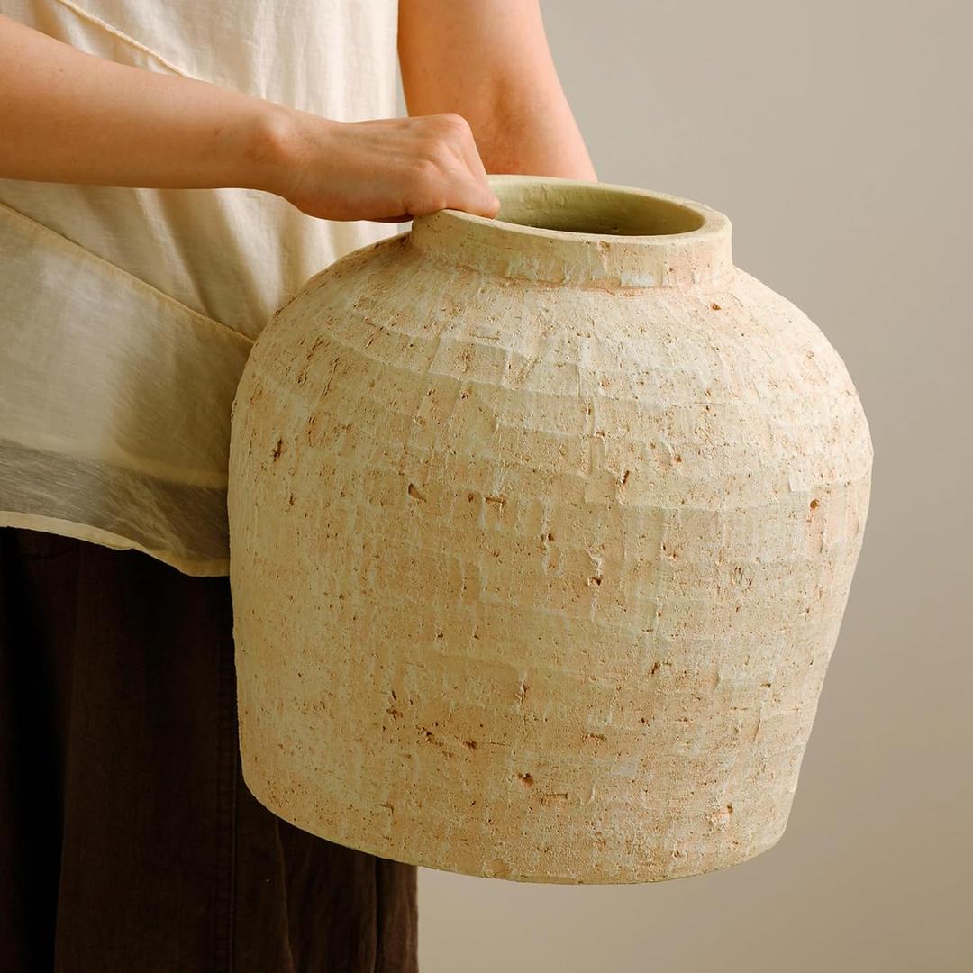 Large Ceramic Vase, 11" Rustic Farmhouse Terracotta Vase for Home Decor, Artisan Decorative Flower Vase for Living Room, Table Centerpiece, Bedroom (Terracotta Beige)