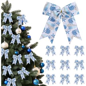 24 Pcs Starfish Christmas Bows for Christmas Tree 6 Inch Ocean Starfish Ribbon Bows for Wreath Xmas Gift Wrapping Garland Holiday Party Crafts Decoration (Blue)