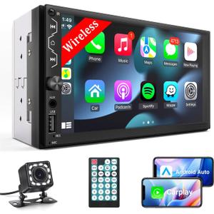 Double Din Car Stereo with Wireless Carplay and Wireless Android Auto,7 Inch Full HD Touchscreen Car Stereo Receivers Support Mirror Link,Bluetooth, Backup Camera,Steering Wheel,FM/USB/AUX/Subwoofer