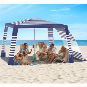 - Rhino Valley Beach Cabana, 8* 8FT Beach Tent UPF50+ Protection, Easy Setup Beach Canopy Wind Resistant with Cup Holder, Compact Beach Shade Foldable Beach Tent Sun Shelter, Blue Stripes