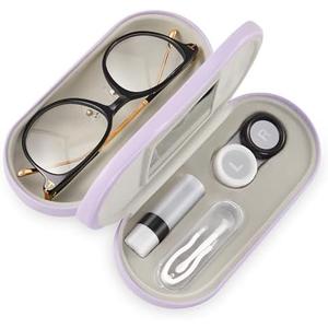 Muf 2 in 1 Contact Lens Case and Glasses Case, Double Sided Design with Mirror, Portable Travel Kit with Tweezer, Remover and Solution Bottle, Purple