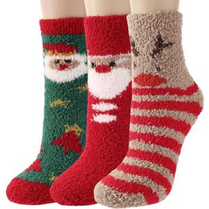 Trifabricy Chirstmas Fuzzy Socks for Women Gifts, Women's Winter Soft Warm Cozy Slipper Home Sleeping Sock for Chiristmas, Red Green, Khaki,3 Pairs-vn