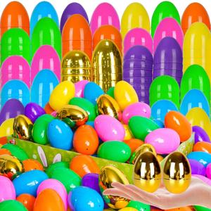 100 PCS Easter EggsPlastic 2.4" Bright Colorful Eggs with Golden Eggs, Easter Egg Fillers for Easter Egg Hunt Candy Filling Party Decorations and Kids Gifts