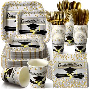 350 Pcs Graduation Paper Plates and Napkins Set 9 Inch 7 Inch Disposable Durable Dinnerware 2026 Graduation Party Supplies Tableware Serve 50 Guest Cups Knife Forks Spoon