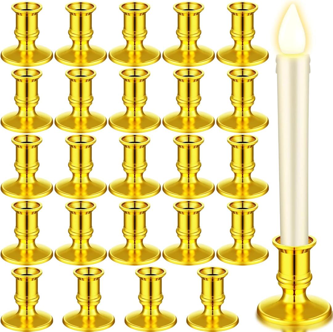 Yungyan 24 Pieces Window Taper Candle Holders Plastic Traditional Candlesticks Only for Flameless LED Table Centerpiece Pillar Candle Holder for Halloween Christmas Wedding Dinner Tables (Gold)