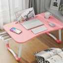 Laptop Bed Table, Foldable Laptop Desk Bed Tray with Storage Drawer, Lap Desk TV Tray for Breakfast Serving, Notebook Stand Reading Holder with Phone Slot and Cup Holder for Sofa Couch Floor-Pink