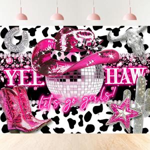 Cowgirl Backdrop Hot Pink Disco Let's Go Girl Western Birthday Cow Print Rustic Cactus Hat Boots Diomand 7Wx5H Feet Fabric Polyester Photography Background Banner Photo Shoot Decor Prop