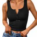 Women's Henley Crop Tank Top Sleeveless Button Front Shirt Black Large (Black, L)