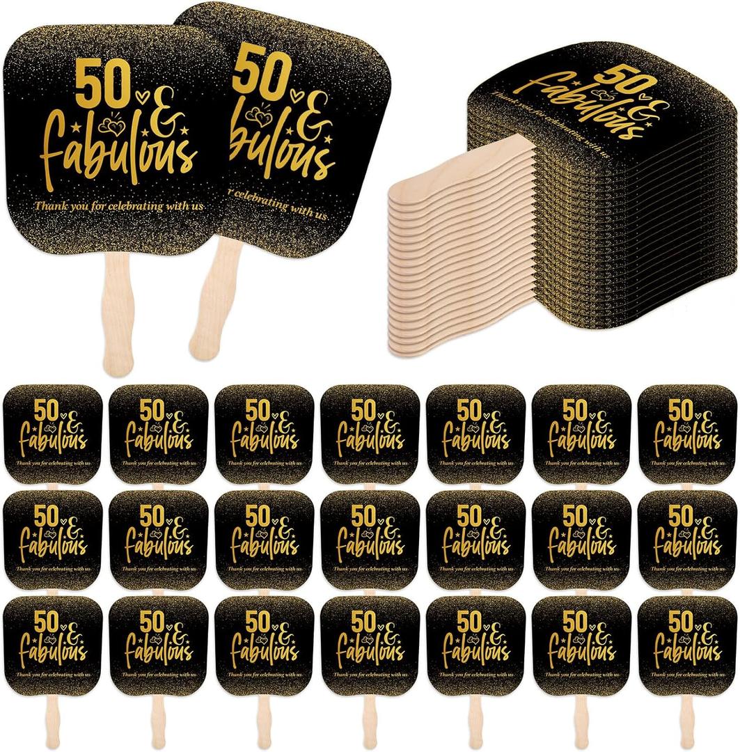 Geelin 25 Pcs 50th Birthday Party Favors for Guests Bulk Thank You Paper Fans with Handle 50 Birthday Anniversary Souvenir Gifts Bulk 50 Themed Party Supplies