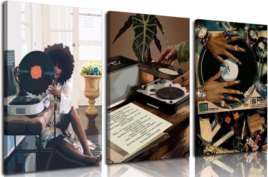 Framed Black Girl Canvas Wall Art 3Pcs black Girl Record Music Wall Decor Pictures Funky Black Girl Posters prints for Modern Black Woman Bedroom Home Decoration 12x16in (Canvns)